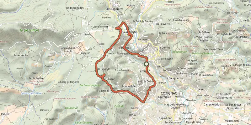 Map of the A travers la forêt du Bessillon track on the IGN map, with the start and numbered waypoints