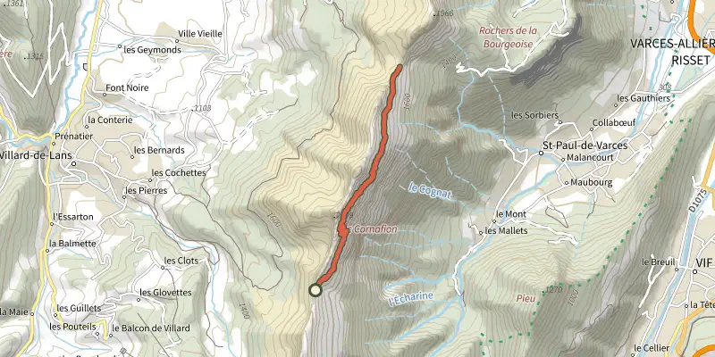 Carte du tracé de Sentier des deux cols sur le Plan IGN, départ et points de passage numérotés