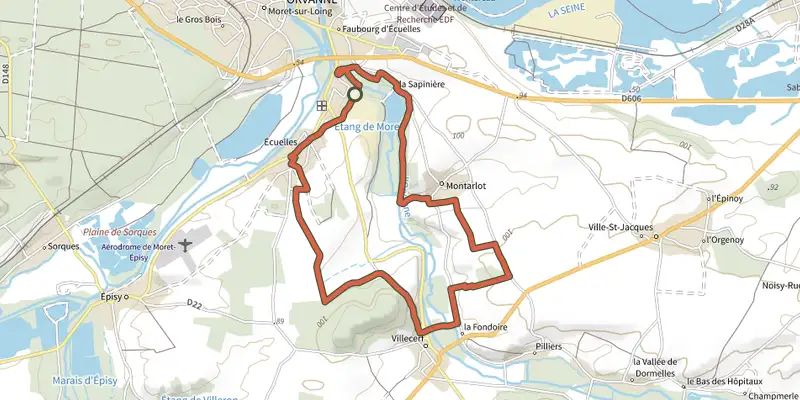 Map of the Entre Loing et Orvanne track on the IGN map, with the start and numbered waypoints