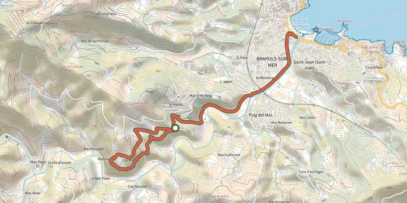 Map of the Le Cami d'Anicet track on the IGN map, with the start and numbered waypoints