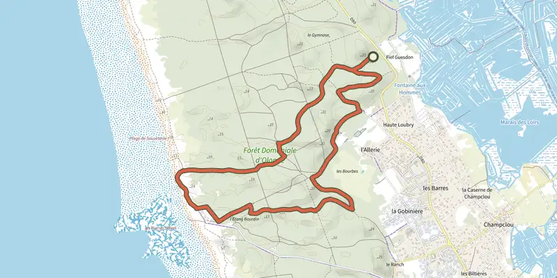 Carte du tracé de Les Bourbes sur le Plan IGN, départ et points de passage numérotés
