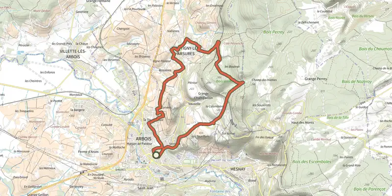 Map of the Entre Bois et Vignes track on the IGN map, with the start and numbered waypoints