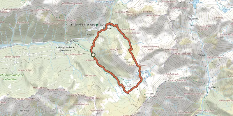 Map of the Lacs de Prals track on the IGN map, with the start and numbered waypoints