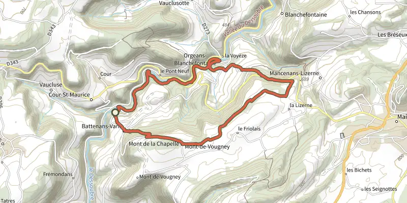 Map of the Les Bords du Dessoubre track on the IGN map, with the start and numbered waypoints