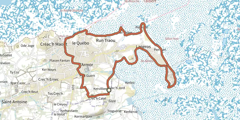 Carte du tracé de Circuit du Sillon de Talbert sur le Plan IGN, départ et points de passage numérotés