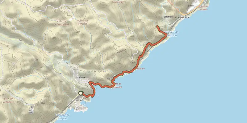 Carte du tracé de Sentier des Douaniers sur le Plan IGN, départ et points de passage numérotés