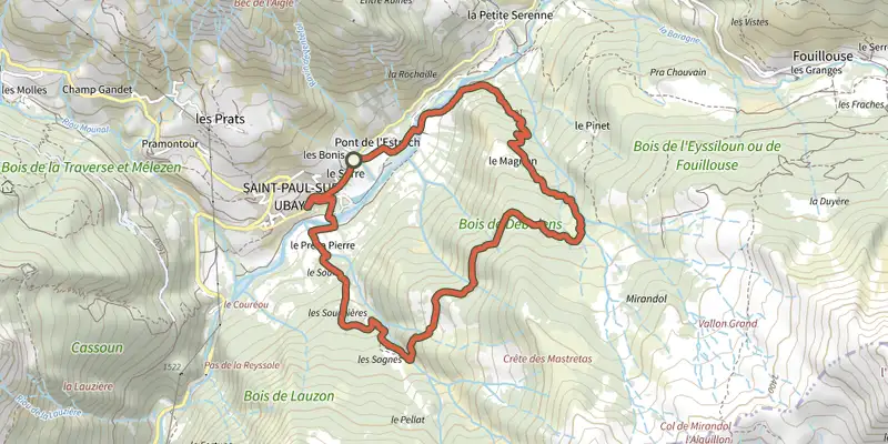 Carte du tracé de Canal de Débalens sur le Plan IGN, départ et points de passage numérotés
