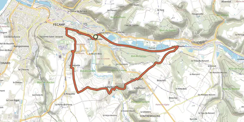 Map of the Au cœur des deux vallées track on the IGN map, with the start and numbered waypoints