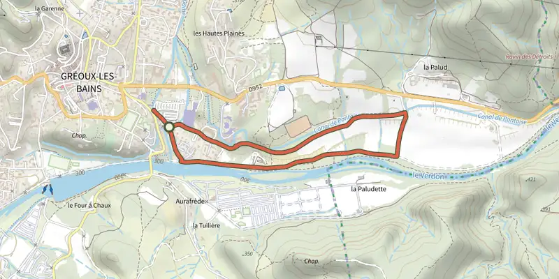 Map of the Promenade du Verdon track on the IGN map, with the start and numbered waypoints
