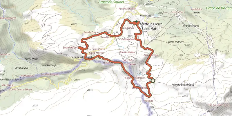 Map of the Barétous - Tête Sauvage track on the IGN map, with the start and numbered waypoints
