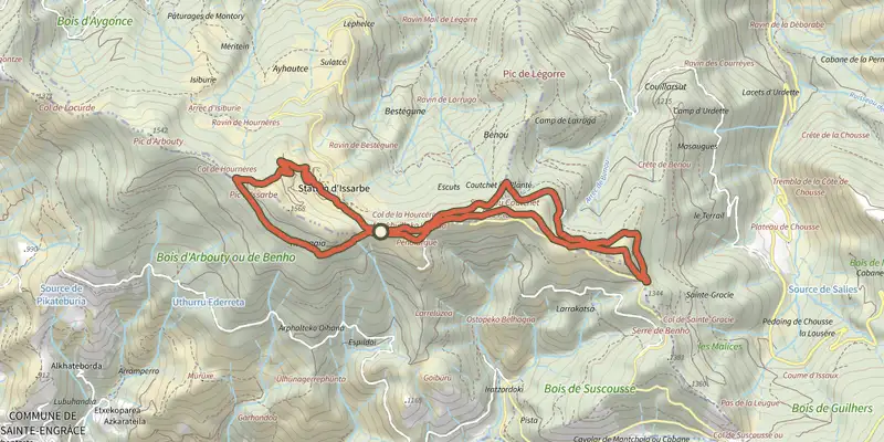 Map of the Barétous - Crêtes d'Issarbe track on the IGN map, with the start and numbered waypoints