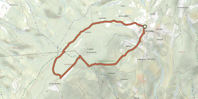 Map of the Tour de la Roche track on the IGN map, with the start and numbered waypoints