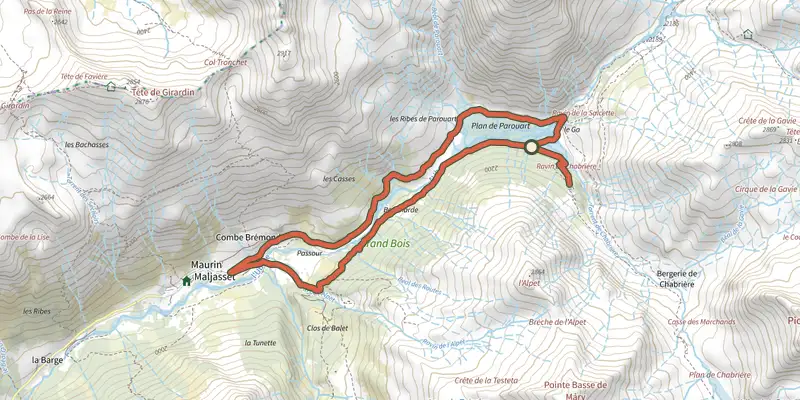 Map of the Tour du Plan de Parouart track on the IGN map, with the start and numbered waypoints