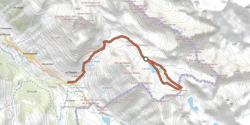 Carte du tracé de Lac de l'Oronaye et col de Roburent sur le Plan IGN, départ et points de passage numérotés
