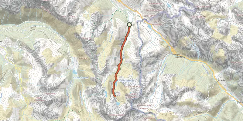 Carte du tracé de Lac du Lauzanier sur le Plan IGN, départ et points de passage numérotés