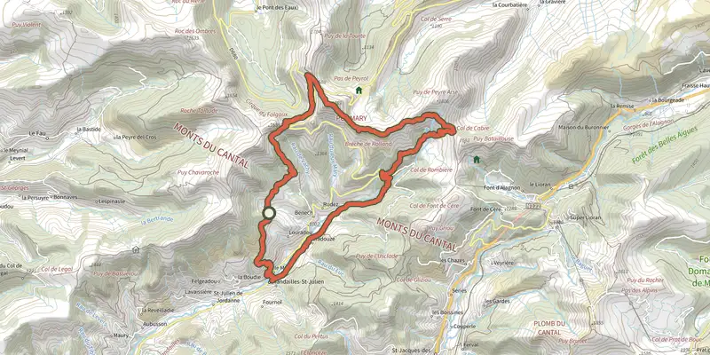 Map of the Le Puy Mary - version 20km track on the IGN map, with the start and numbered waypoints