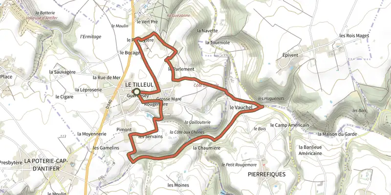 Carte du tracé de Circuit des Chênes sur le Plan IGN, départ et points de passage numérotés