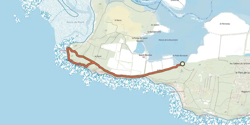 Map of the Circuit de la Pointe du Payré track on the IGN map, with the start and numbered waypoints