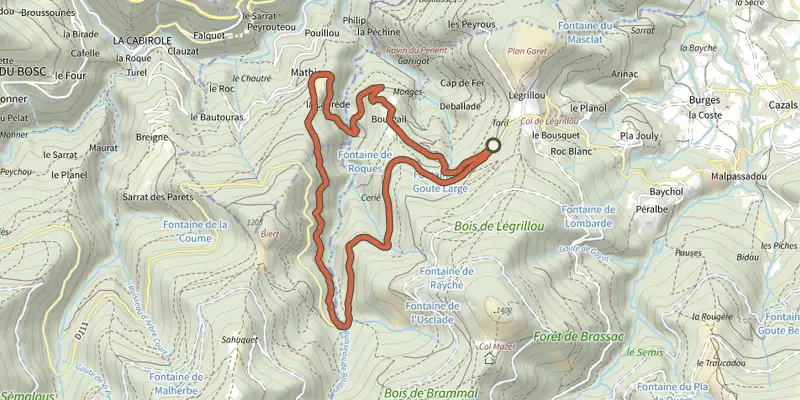 Carte du tracé de Tour du moulin sur le Plan IGN, départ et points de passage numérotés