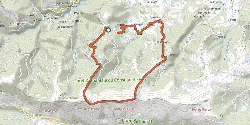 Carte du tracé de Le Picou depuis Brassac sur le Plan IGN, départ et points de passage numérotés