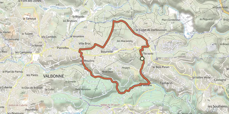 Carte du tracé de Circuit de Font Martine sur le Plan IGN, départ et points de passage numérotés