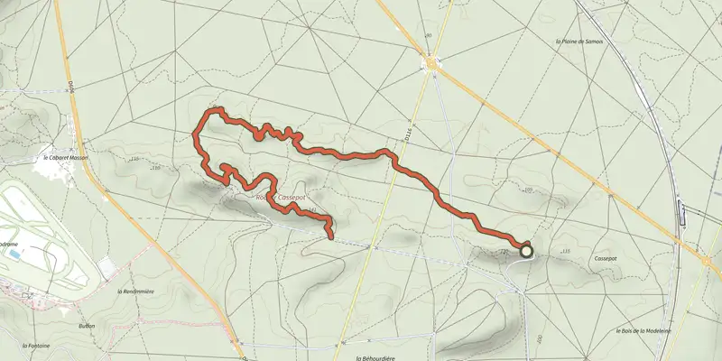 Map of the Sentier Denecourt-Colinet 14 track on the IGN map, with the start and numbered waypoints