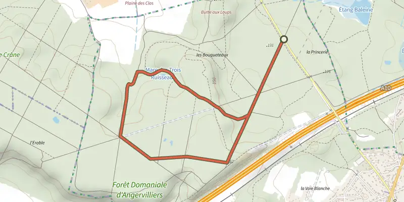 Carte du tracé de La Mare des 3 Ruisseaux sur le Plan IGN, départ et points de passage numérotés