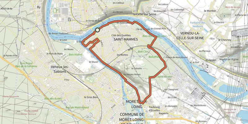 Carte du tracé de Batellerie et foret sur le Plan IGN, départ et points de passage numérotés