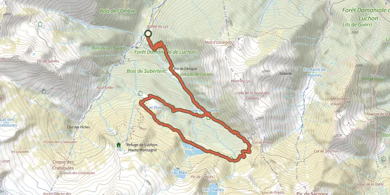 Carte du tracé de Lac Vert, Boucle par l'Est sur le Plan IGN, départ et points de passage numérotés