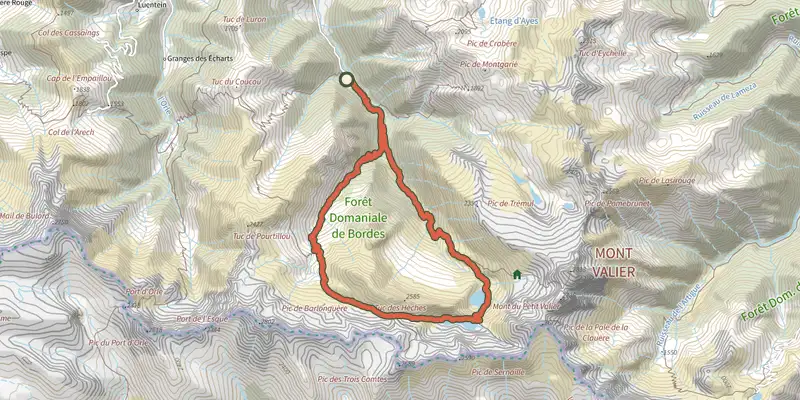 Carte du tracé de Étangs Long et Rond sur le Plan IGN, départ et points de passage numérotés