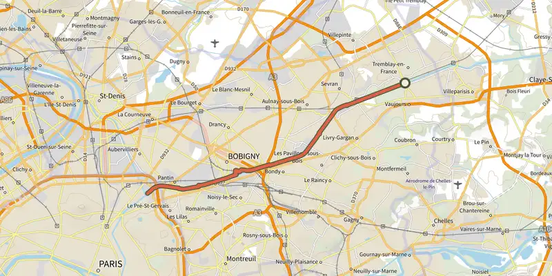 Map of the Bords de Canal de l'Ourcq track on the IGN map, with the start and numbered waypoints