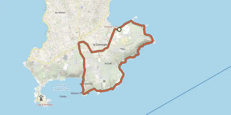 Carte du tracé de Tour du Cap d'Antibes sur le Plan IGN, départ et points de passage numérotés