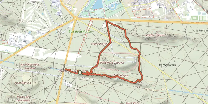 Carte du tracé de Sentier Denecourt-Colinet 9 Est sur le Plan IGN, départ et points de passage numérotés