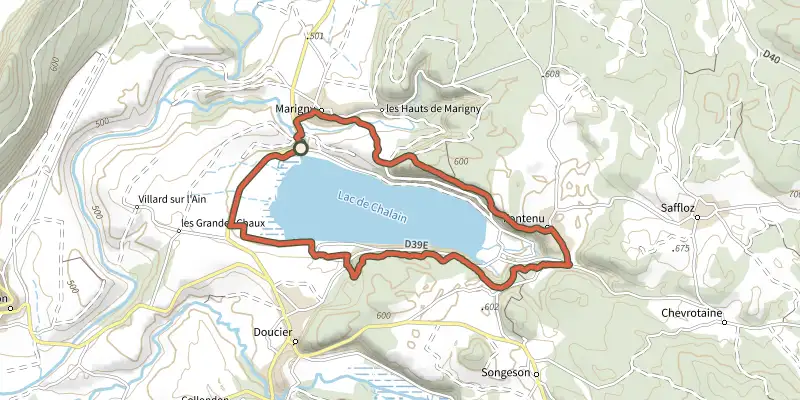 Carte du tracé de Tour du Lac sur le Plan IGN, départ et points de passage numérotés