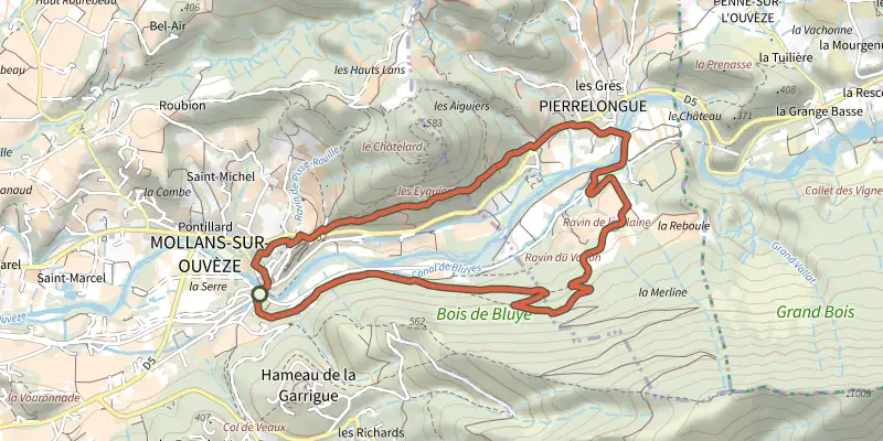 Map of the Mollans - Pierrelongue track on the IGN map, with the start and numbered waypoints