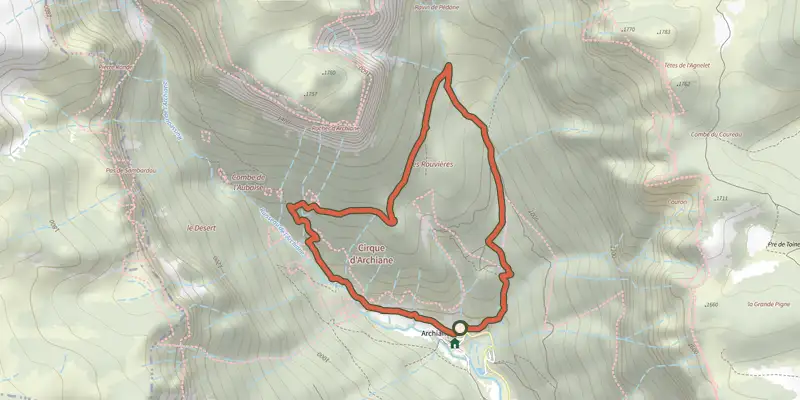 Map of the Les carnets d'Achiane track on the IGN map, with the start and numbered waypoints