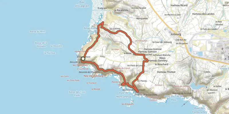 Carte du tracé de Coup de Vent sur Jobourg sur le Plan IGN, départ et points de passage numérotés