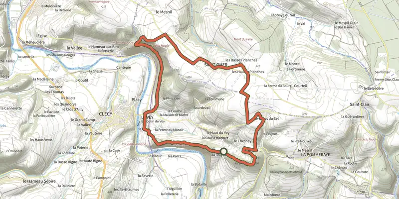 Carte du tracé de La Suisse Normande sur le Plan IGN, départ et points de passage numérotés
