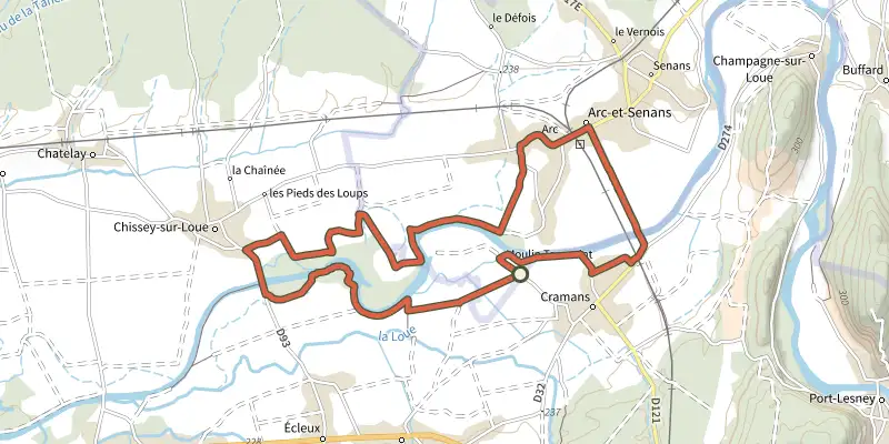 Map of the VTToutrail track on the IGN map, with the start and numbered waypoints