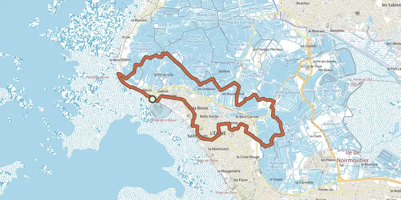 Carte du tracé de Chemin de Mer et de Marais sur le Plan IGN, départ et points de passage numérotés
