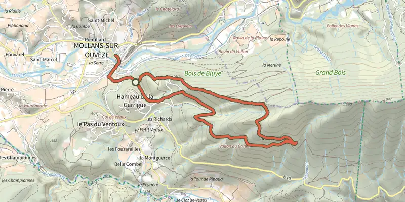 Map of the Adret de Bluye track on the IGN map, with the start and numbered waypoints