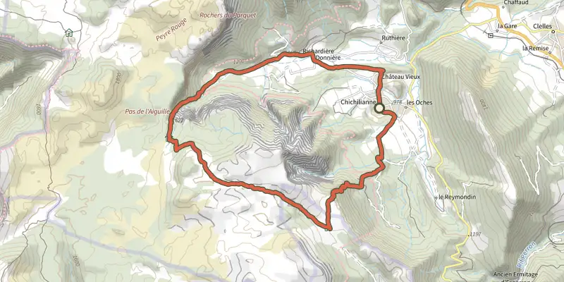 Map of the Pas de l'Aiguille track on the IGN map, with the start and numbered waypoints