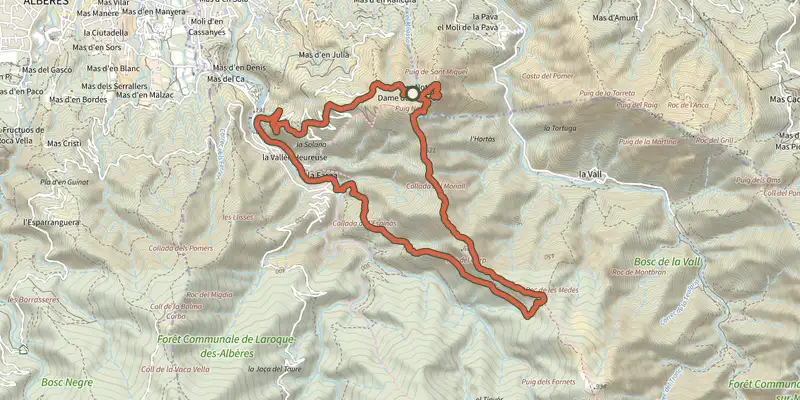 Carte du tracé de Vallée Heureuse - Château d'Ultrera sur le Plan IGN, départ et points de passage numérotés