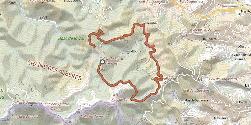 Carte du tracé de La Tour Massane par le Chemin de l'Eau sur le Plan IGN, départ et points de passage numérotés