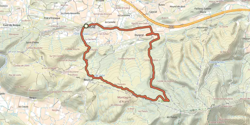 Map of the Sur les Crêtes de l'Alaric track on the IGN map, with the start and numbered waypoints
