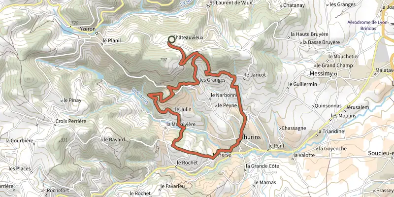 Map of the La chapelle de Châteauvieux track on the IGN map, with the start and numbered waypoints