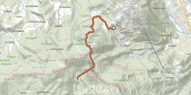 Tracé de D'Ezy au tunnel du Mortier sur le Plan IGN