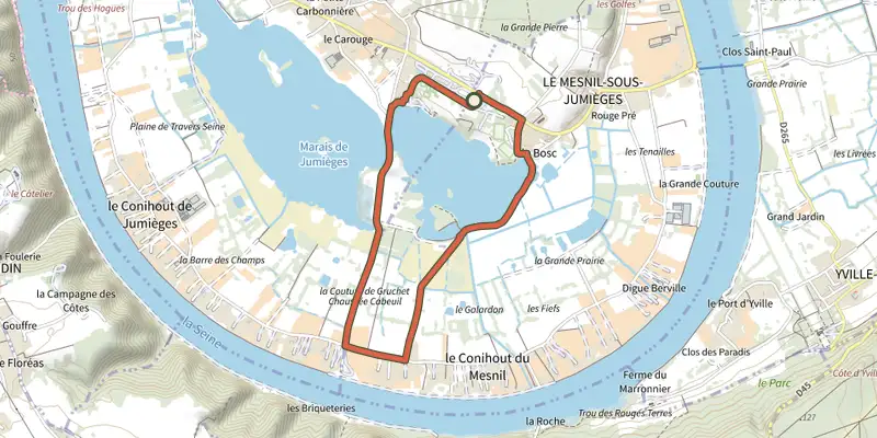 Carte du tracé de Le Mesnil-sous-Jumièges sur le Plan IGN, départ et points de passage numérotés
