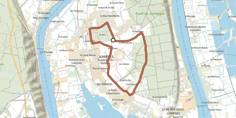 Carte du tracé de Les Hameaux sur le Plan IGN, départ et points de passage numérotés
