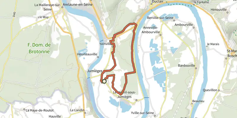 Map of the La Forêt de Jumièges track on the IGN map, with the start and numbered waypoints
